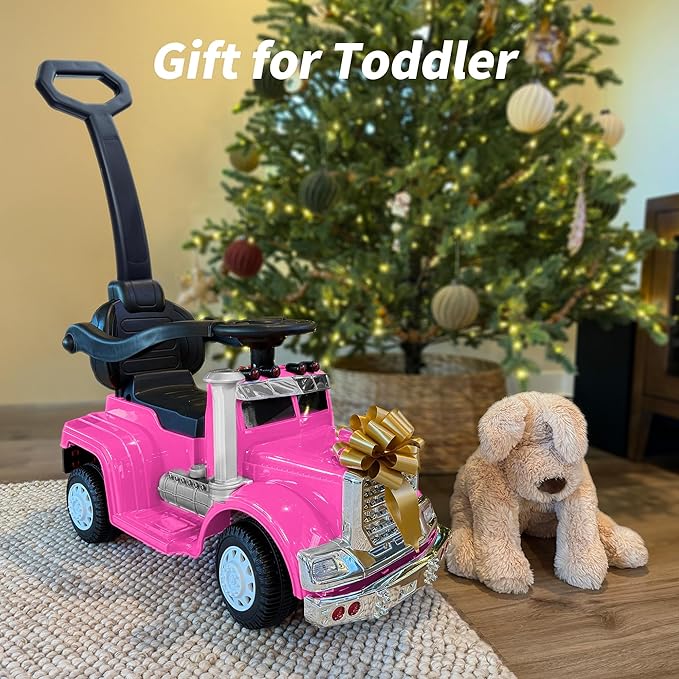 3-in-1 Ride on Push Car for Toddler with Handle, Toddler Ride on Toy for Boys, Stroller Sliding Walking Car w/Music, Horn and Lights - Hot Pink