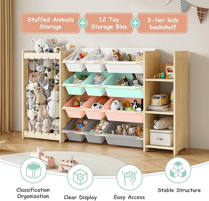 EXPERLAM 3-in-1 Toy Storage Organizer, Stuffed Animal Holder & 3-Tier Bookcase, Solid Wood Toy Organizer with 12 Storage Bins, Space-Saving Toy & Book Shelf for Kids Rooms, Bedroom, Playroom, Multi