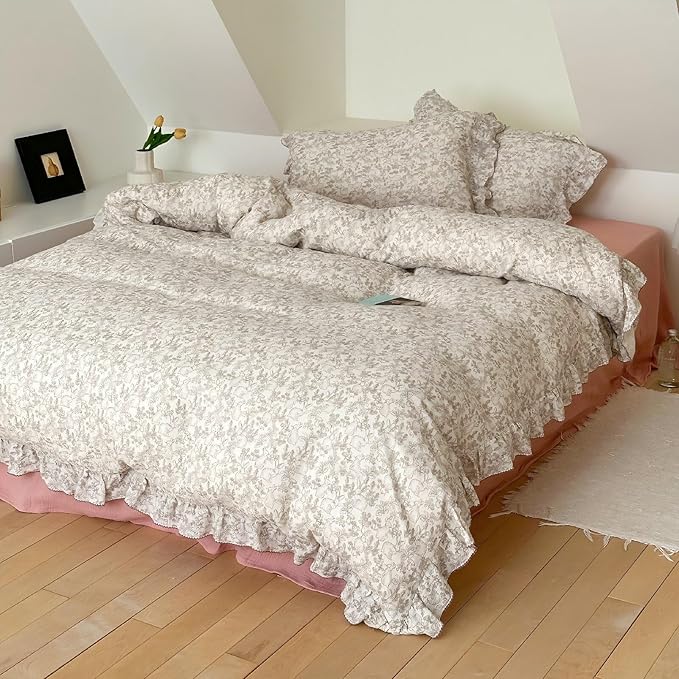 BuLuTu Flower Rabbit Print Duvet Cover Twin, Soft Breathable Muslin Cotton Quilt Cover 68"x86", Girls Boys Comforter Cover with Chic Ruffles, Zipper Closure, Corner Ties, All Seasons
