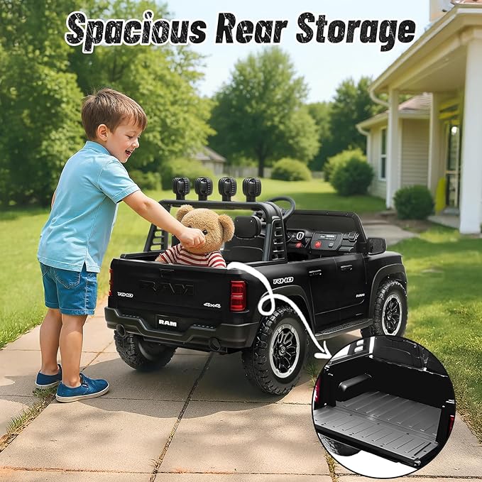 Electric Car for Kids, Licensed Ram 1500 RHO, 24V Ride on Toys for Big Kids, Battery Powered with Parent Remote Control, LED Light/Music/MP3, Back Storage, Black, Roll Bar