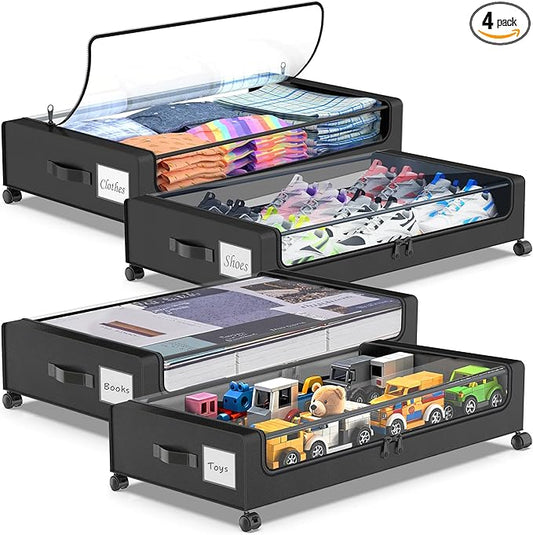 Molutsody Under Bed Storage with Wheels, 4-Pack Underbed Storage Containers with Clear Lids, Under Bed Shoe Storage Organizer, Rolling Under Bed Storage for Clothes Shoes Blankets (Black)