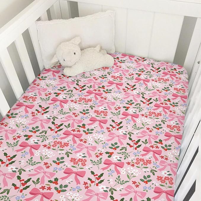 Preppy Pastel Floral Bows Baby Crib Sheets Pink Girly Floral Bows Soft Snug Fitted Crib Mattress Covers for 52''x28'' Standard Crib & Toddler Mattress Christmas Flowers Cherry Fir Leaves Bed Sheets