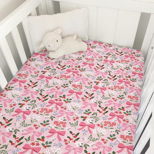 Preppy Pastel Floral Bows Baby Crib Sheets Pink Girly Floral Bows Soft Snug Fitted Crib Mattress Covers for 52''x28'' Standard Crib & Toddler Mattress Christmas Flowers Cherry Fir Leaves Bed Sheets