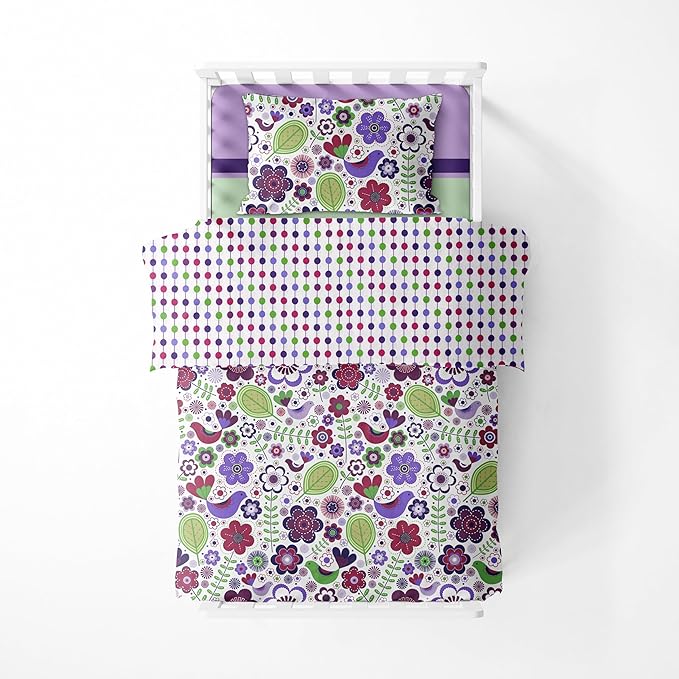 Bacati - Botanical Sanctuary Purple 4 Piece Cotton Girls Toddler Bedding Set 100 Percent Cotton Includes Reversible Comforter, Fitted Sheet, Top Sheet, and Pillow Case for Girls