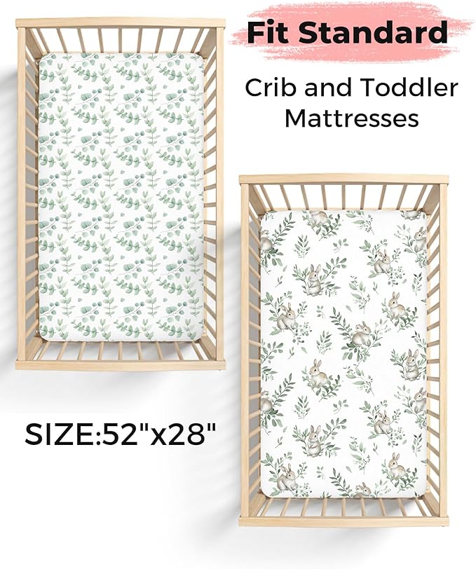 Crib Sheets for Boys and Girls, 2 Pack Fitted Baby Sheets for Standard Toddler Mattress 28" x 52", Soft Breathable Jersey Knit Baby Bedding (Bunny Meadow)