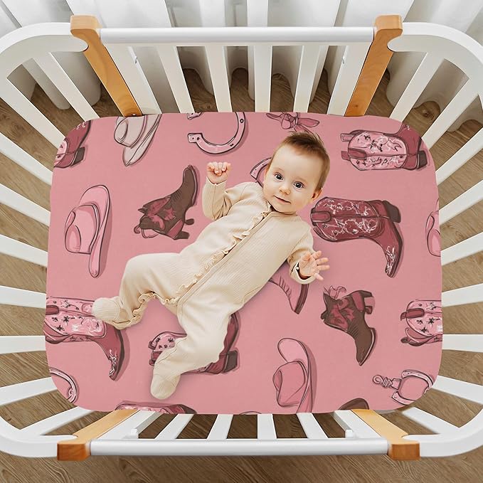 Western Cowgirls Pinks Crib Sheets Soft Breathable Fitted Baby Crib Sheets Mattress Cover for Girls Boys, 52" x 28" x 9"
