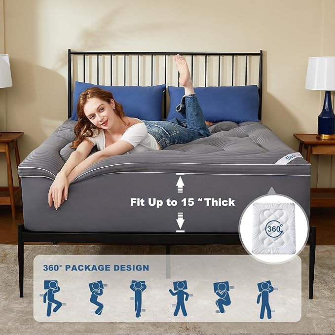 BEDLORE Twin Mattress Topper, Thick Pillow Top Pad for Back Pain Relief, Cooling Soft Mattress Cover with Deep Pockets 6-15 inch