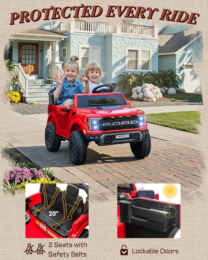 First Ride On 24V 2 Seater Ride on Toys for Kids, Licensed Ford F-150 Raptor Kids Electric Vehicles w/Remote Control, Power Pedal and Durable Wheels, LED Lights, Bluetooth, Truck Bed Storage (Red)