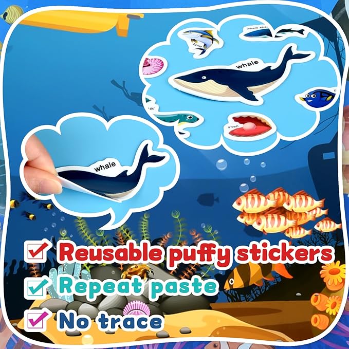 ASTARON 6 Pack Reusable Puffy Sticker Books for Kids 3-6, Jelly Sticker Game Educational Sensory Learning Toy, Portable Travel Toys and Busy Book for Toddlers