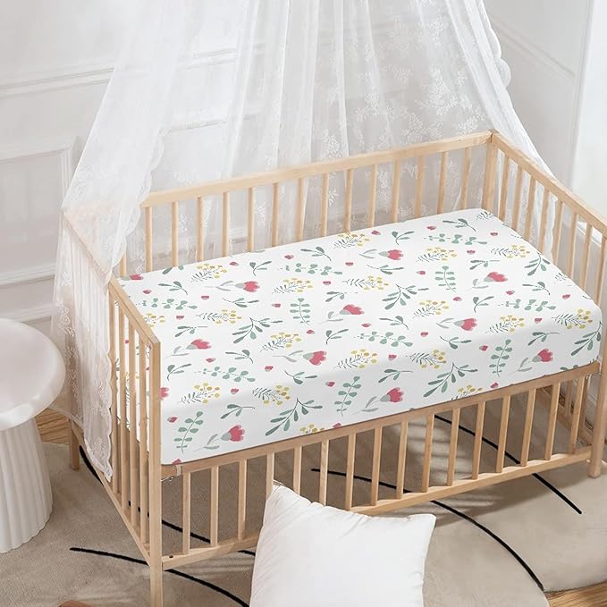 Floral Pattern Flowers and Leaves Fitted Crib Sheet Tulip Flower Baby Crib Sheet Fit Standard Crib and Toddler Mattress,Crib Mattress Sheets for Boys Girls 28"x52"