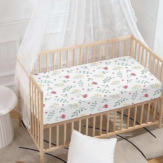 Floral Pattern Flowers and Leaves Fitted Crib Sheet Tulip Flower Baby Crib Sheet Fit Standard Crib and Toddler Mattress,Crib Mattress Sheets for Boys Girls 28"x52"