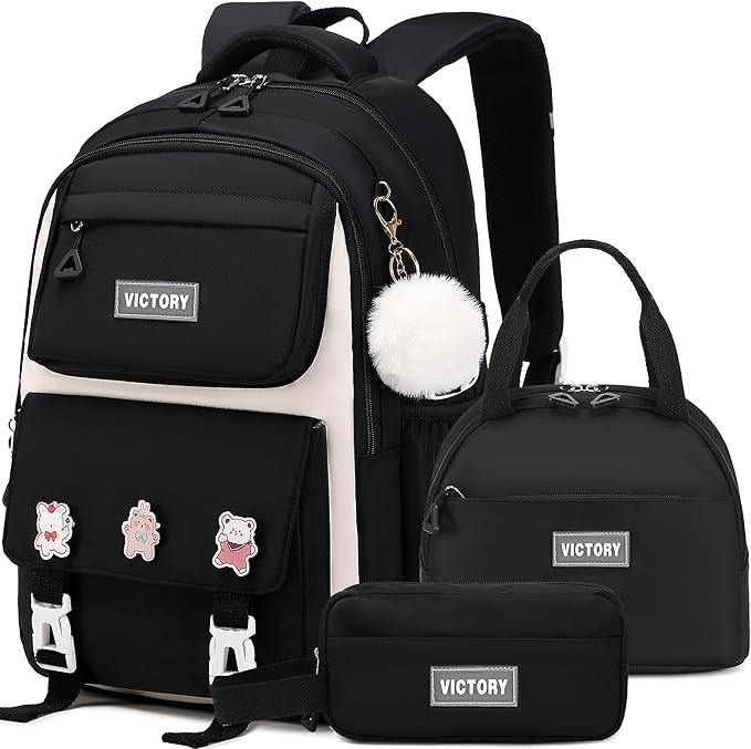 AO ALI VICTORY Backpack for Girls 3 PCS Cute School Backpacks Elementary Kids Book Bag with Lunch Box Pencil Case Set Laptop College Travel Back Pack Large Bookbags for Girl Teens Women Student Black