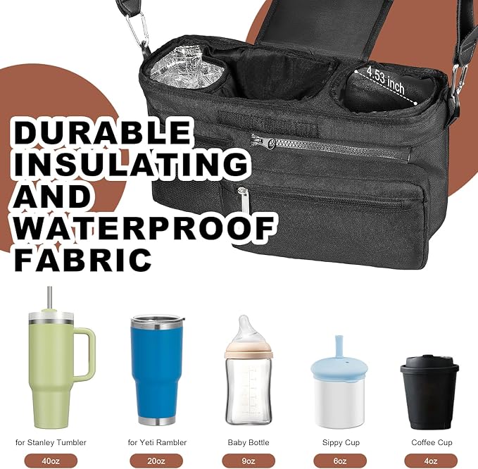Bjabtan Universal Stroller Organizer with Insulated Cup Holder, Stroller Caddy with Detachable Bag & Shoulder Strap, Stroller Attachment Non-Slip Secure Hooks Accessories Fits Most Strollers