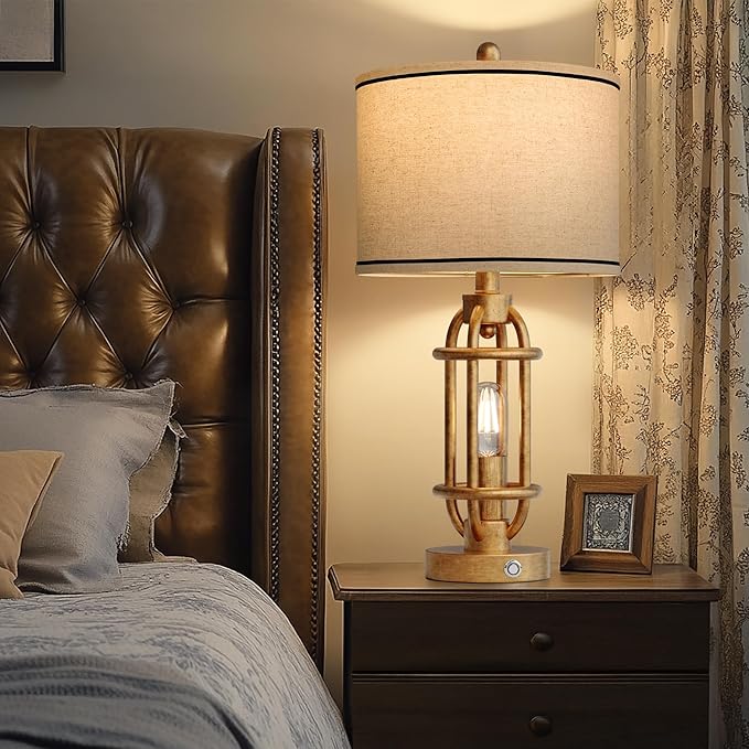 G-SAFAVA 23.75'' Table Lamps Set of 2 for Living Room Bedroom Industrial Farmhouse Metal Touch Lamps with USB A+C Ports, Night Light Vintage Nightstand Bedside Lamp, Bulbs Included, Antique Gold
