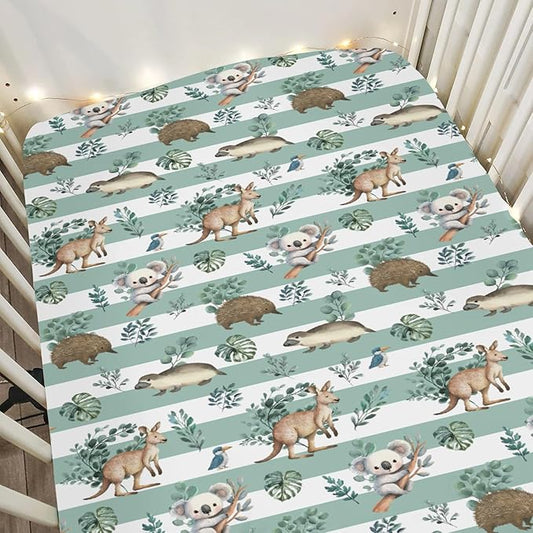 Australian Animals Tropical Leaves Baby Crib Sheets for Boy Girl 28"x52" Koala Green Stripes Soft Stretchy Fitted Crib Mattress Cover Native Australia Baby Sheet for Standard Crib & Toddler Mattress