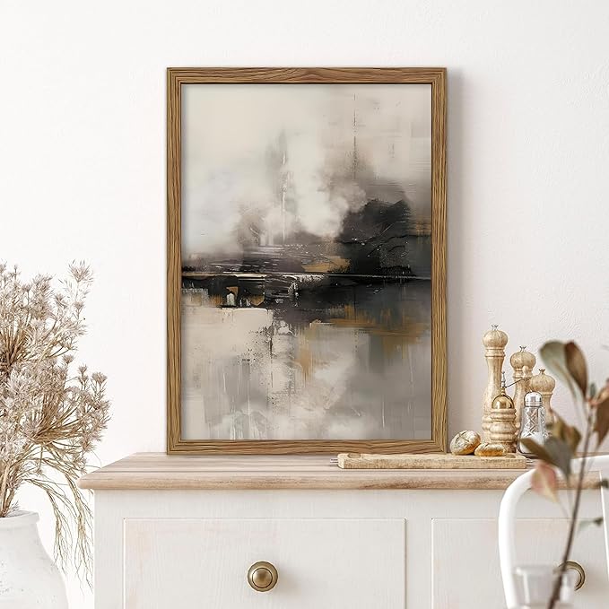 Neutral Abstract Wall Art Set of 3, Modern Black Brown Abstract Wall Decor Paintings, Minimalist Beige Textured Prints Pictures for Living Room Bedroom Office Home Decor 16x24 Inch Wood Framed