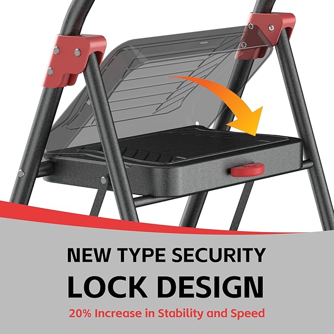 DIAMONDFORGE 4 Step Ladder, Folding Step Stool with Anti-Slip Wide Pedal, Soft Handle, Anti-Slip Feet, Sturdiest Steel Construction, 900lbs Capacity Steel Ladder for Home and Office, BlackRed