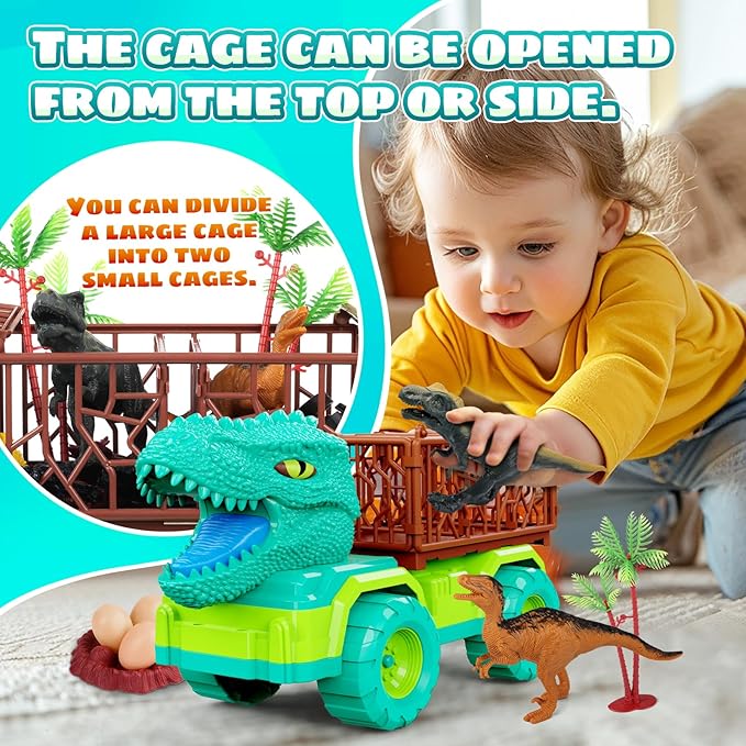18 in 1 Dinosaur Toys for Kids 3-5, Dinosaur Truck Toys for Kids with 2 Pull Back Cars, 8 Dino Figures, Birthday Party Favors&Christmas Presents for Boys and Girls
