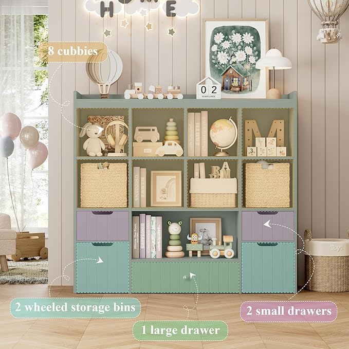 HORSTORS 48" W Kids Toy Storage Organizer, Large Toy Storage Chest with Removable Bins, 46" H Kids Bookshelf and Bookcase with Drawers for Boys and Girls, Modern Toy Box for Playroom, Classroom, Green