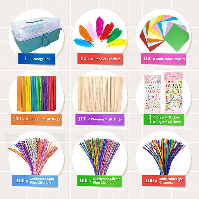 kortes Art and Craft Supplies for Boys and Girls, Toddler DIY Craft Art Supply Set Included Pipe Cleaners, Pom Poms, Feather, Folding Storage Box - All in One for Craft DIY Art Supplies(Green Box)