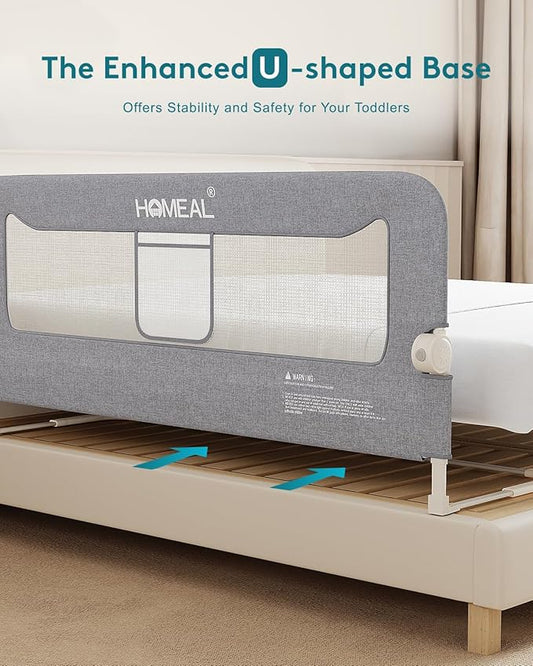 HOMEAL Bed Rail for Toddlers, 32in Foldable Baby Bed Rail Guard, Toddler Bed Rails with U-Shape Base, Breathable Mesh Bed Rail for Twin, Full, Queen, King Beds, Bed Rail for Baby, Grey