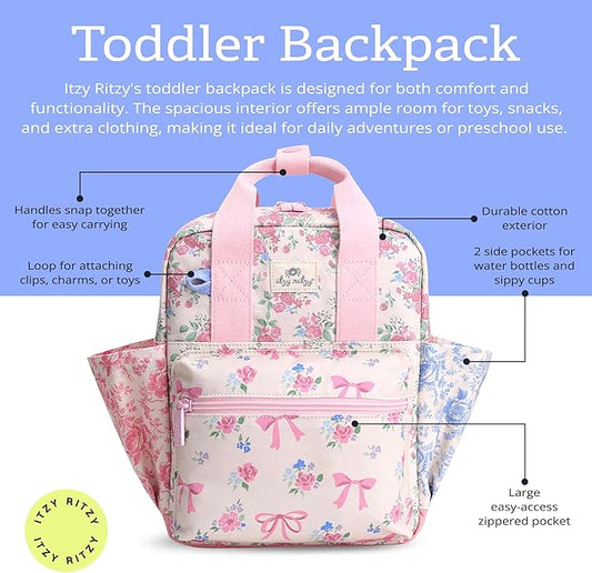 Itzy Ritzy Toddler Backpack - Daycare Bag - Features Adjustable Shoulder Straps, 2 Side Pockets & Spacious Interior with Wipeable Fabric Lining & Name Label, Ribbons & Roses Backpack