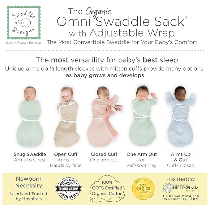 SwaddleDesigns Organic 6-Way Omni Swaddle Sack Arms Up Swaddle for Newborn, More Options to Calm Startle Reflex, Improves Sleep, 12-18 lbs, Soft Jadeite