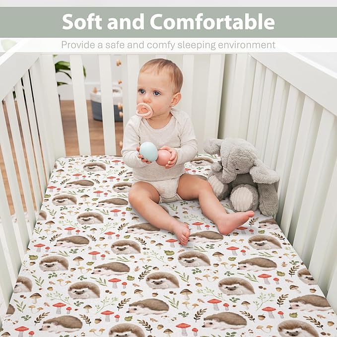 Cute Hedgehogs Baby Crib Sheets for Boy Girl 52x28Inch Hedgehog Mushroom Leaves Soft Snug Fitted Crib Mattress Cover Animal Baby Sheet for Standard Crib and Toddler Bed Mattress