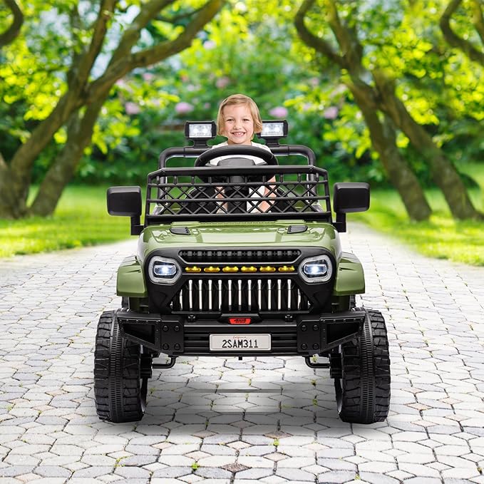 12V Ride On Car for Kids Electric Vehicle Toddlers Battery Powered Truck Car Toy with Remote Control, 4-Wheel Suspension, Battery Display, LED Lights, Music, for Boys Girls, Army Green