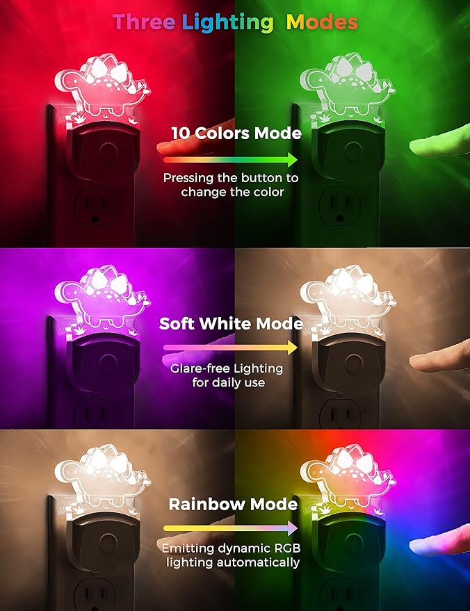 L LOHAS LED Night Light for Kids with Dusk to Dawn Sensor, Dinosaur Nightlight for Boys, Stegosaurus LED Night Light Plug in, RGB + Soft White, 3 Modes, for Nursery, Kids, Gifts, Bedroom[2 Pack]
