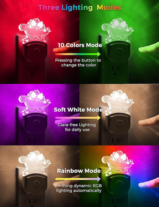 L LOHAS LED Night Light for Kids with Dusk to Dawn Sensor, Dinosaur Nightlight for Boys, Stegosaurus LED Night Light Plug in, RGB + Soft White, 3 Modes, for Nursery, Kids, Gifts, Bedroom[2 Pack]