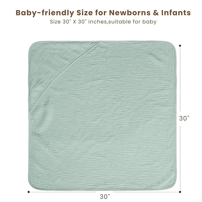 Konssy 2-Pack Muslin Hooded Baby Towels, 100% Cotton, Ultra-Soft & Absorbent Baby Bath Towels with Hood for Newborn & Infant (Green, Stripe, 32" x 32")