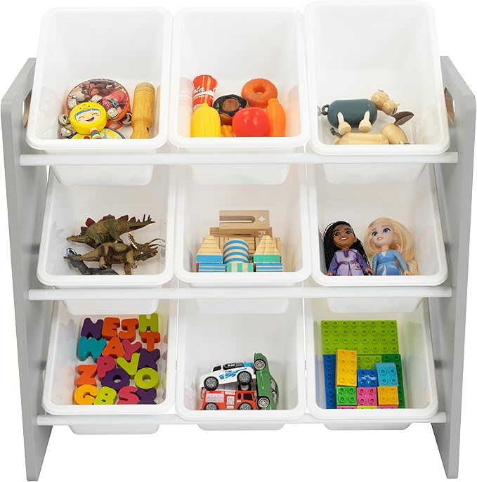 Humble Crew 9-Bin Toy Organizer – Inspire Grey with White Plastic Bins, 3-Tier Storage Solution for Kids' Playrooms and Nurseries