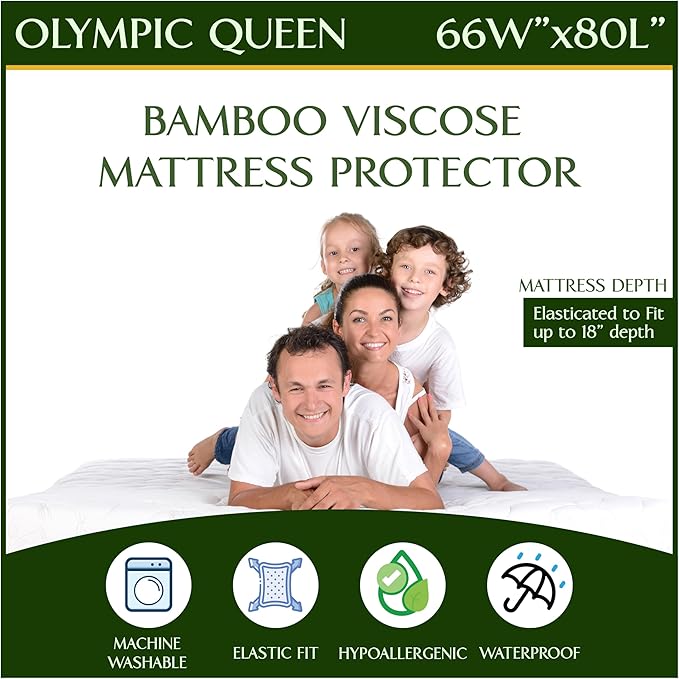 Olympic Queen Size (66"x80") Waterproof Mattress Protector - Cooling Viscose derived from Bamboo Fitted Sheet Super Queen Mattress Cover - Quilted Jacquard Pad