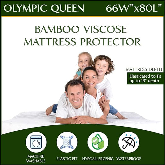 Olympic Queen Size (66"x80") Waterproof Mattress Protector - Cooling Viscose derived from Bamboo Fitted Sheet Super Queen Mattress Cover - Quilted Jacquard Pad