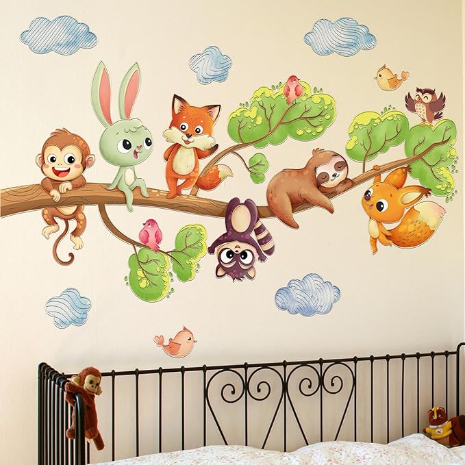 Cute Jungle Theme Wall Stickers Removable Animal Forest Wall Decals Elephant Monkey Lion Giraffe Zebra Peel and Stick Tropical Wall Art Decor for Nursery Bedroom Classroom (Colourful 4)