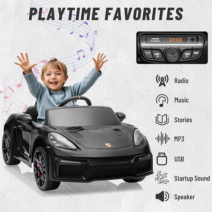 First Ride On Licensed Porsche 718 12V Electric Car for Kids, Ride on Toys for Toddler, Child Ride on Car w/Parent Remote, Led Lights, Openable Doors, MP3 Player, Smooth Start, 3 Speeds (Black)