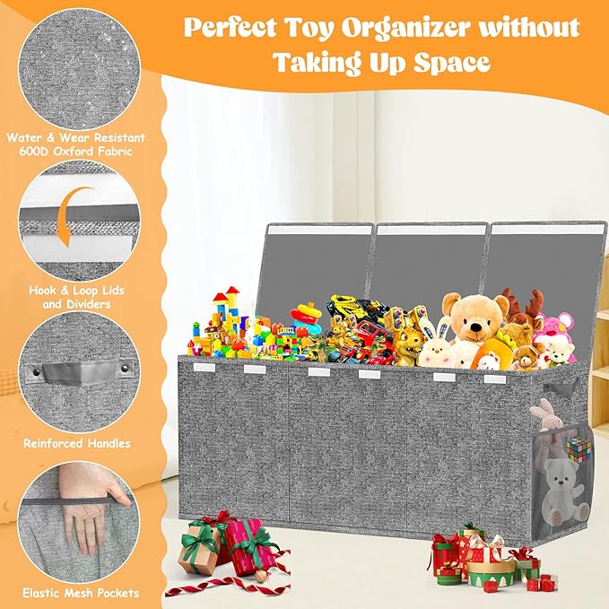 Beadsky Extra Large Toy Box, Toys Chest for Toddlers with Lids, Collapsible Toy Storage Organizer, Kids Bin Boxes Storage Basket for Boys, Girls, Nursery, Living Room, Playroom, 40"x14"x16", Gray