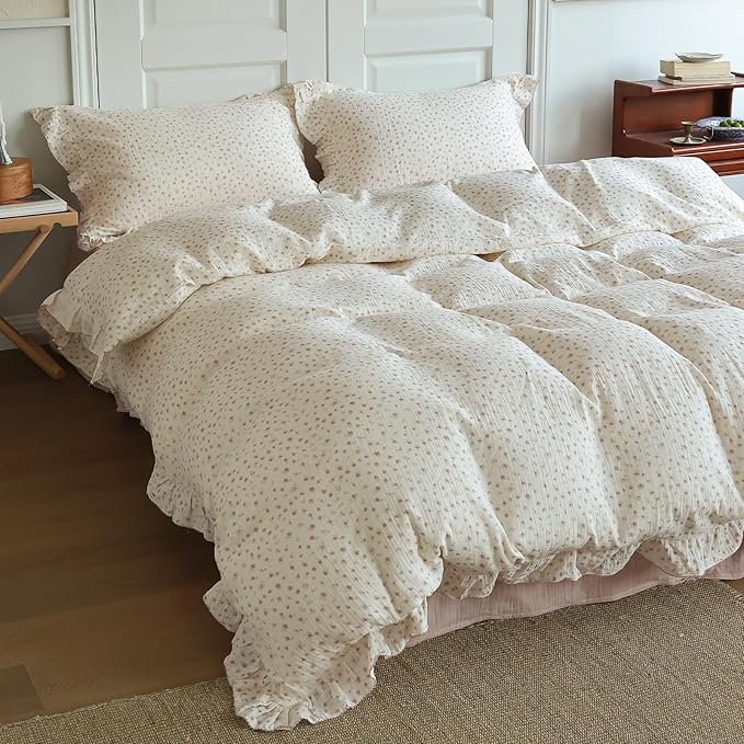 BuLuTu Chic Princess Duvet Cover Full for Teens Girls Pink Floral Comforter Cover 79"x90", Cotton Muslin Quilt Cover with Ruffles Vintage Cottage Bedding, Zipper Closure, No Pillow