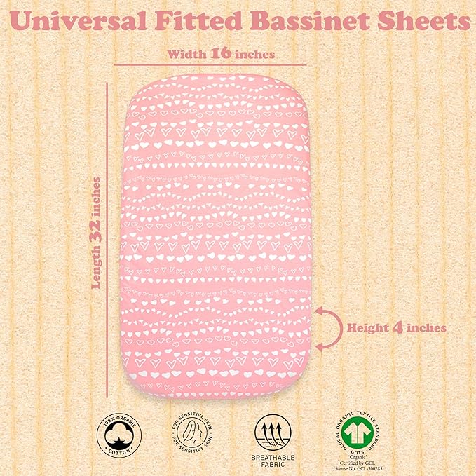 Bassinet Sheets Girl– 4-Pack Soft Fitted Bassinet Sheets, Organic Cotton, Breathable & Cozy, Fits 32x16x4 Inch Rectangle, Oval & Hourglass Mattresses (Lavender-Pink)
