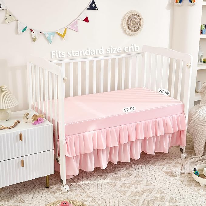 3-Piece Tufted Ruffle Crib Bedding Set for Girls - Ultra Soft Baby Bedding Set Includes Boho Crib Comforter, Sheet & Skirt (Light Pink)