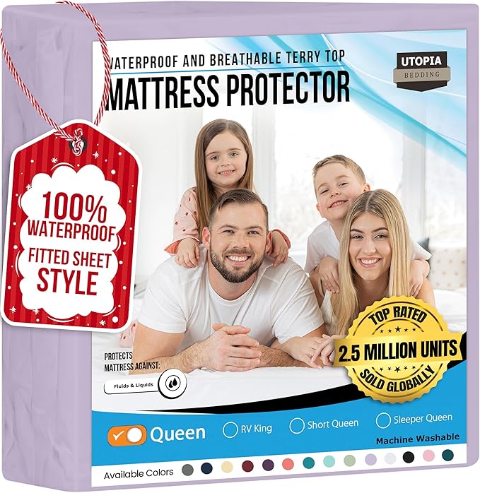 Utopia Bedding Waterproof Mattress Protector Queen Size, Premium 200 GSM Terry Mattress Cover, Soft & Breathable Bed Cover, Fitted Sheet Style with Stretchable Deep Pockets 17" (Lavender)