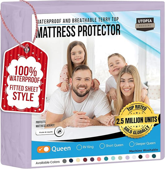 Utopia Bedding Waterproof Mattress Protector Queen Size, Premium 200 GSM Terry Mattress Cover, Soft & Breathable Bed Cover, Fitted Sheet Style with Stretchable Deep Pockets 17" (Lavender)