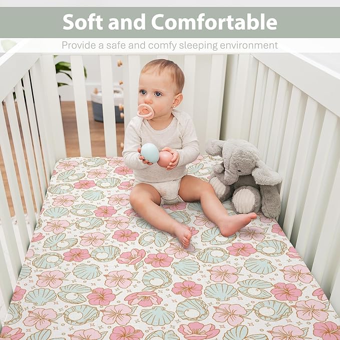 Boho Summer Mermaids Floral Baby Crib Sheets for Boy Girl 52"x28" Beach Seashells Conch Tropical Flowers Soft Snug Fitted Crib Mattress Cover Ocean Marine Baby Sheet for Crib & Toddler Bed Mattress