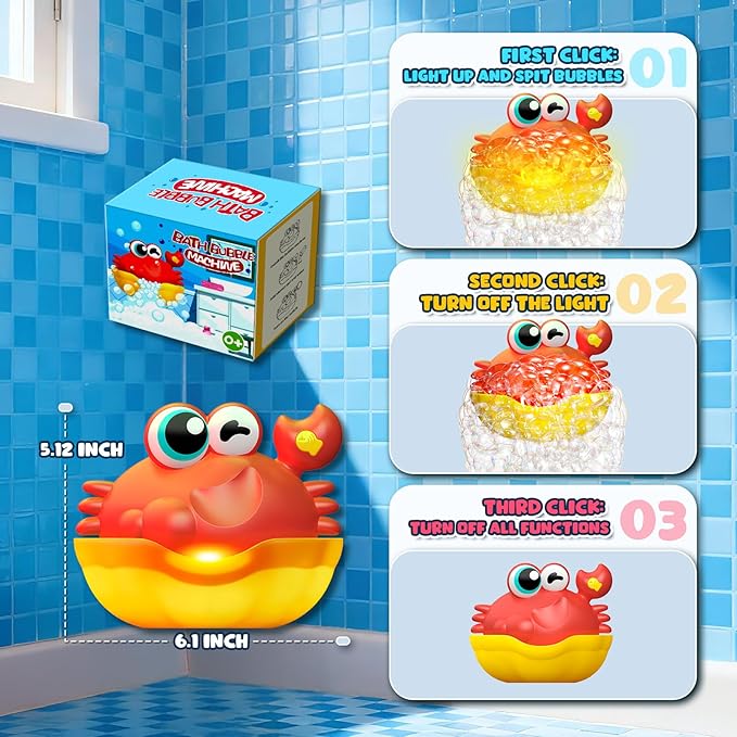 Bath Toys for Kids Ages 1-3,Light Up Baby Bath Toys Crab Bubble Maker with Colourful Light Toddler Bathtub Birthday Gifts Christmas Stocking Stuffers for Boys Girls Aged 1-3 2-4 3-5