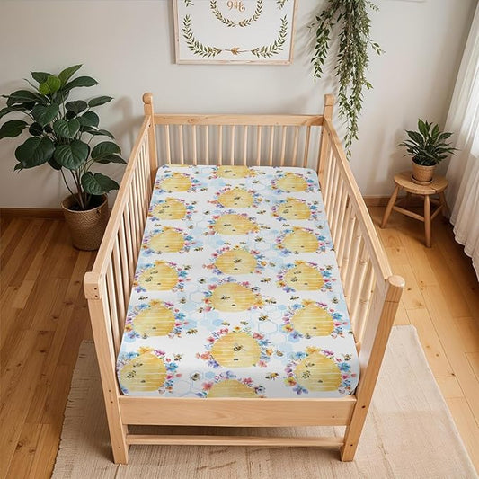 Bee Harmony Baby Crib Sheets for Boy Girl 52"x28" Yellow Bees Honeycomb Flowers Garden Soft Stretchy Fitted Crib Mattress Cover Spring Summer Baby Sheet for Standard Crib & Toddler Bed Mattress