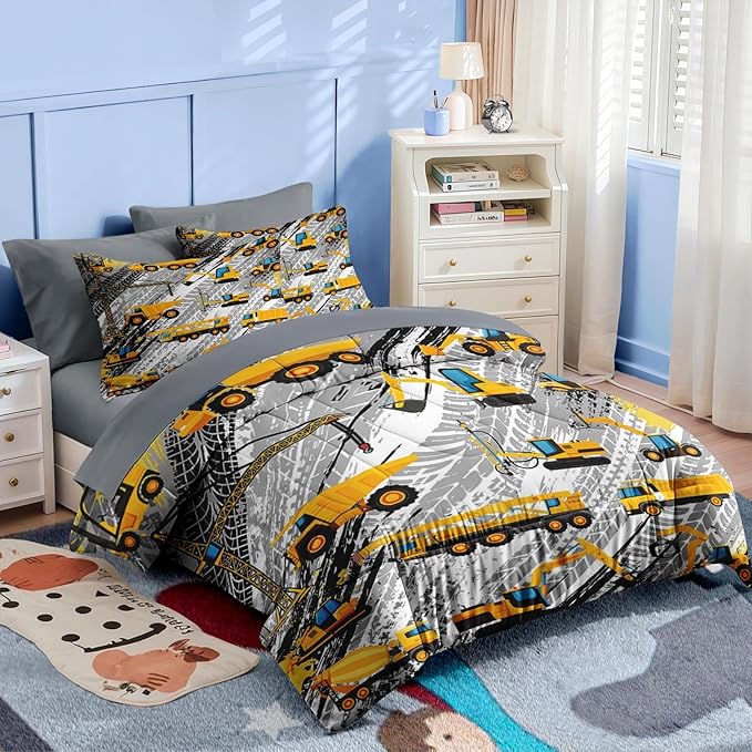 Nesker 4 Pcs Comforter Set Toddler Size, Cartoon Yellow Vehicle Bedding for Kids Teen, Trucks Construction Bed Sheet with Pillowcase & Sham