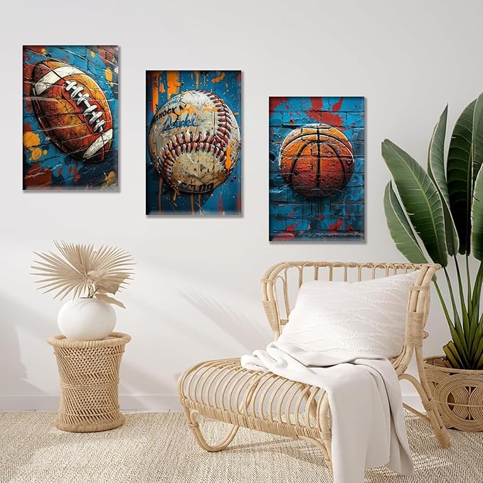 3Pcs Graffiti Sport Canvas Wall Art Trendy Cool Pop Wall Decor Colorful American Football Baseball Basketball Posters Pictures Inspirational Painting Inspirational Boy Room Prints Framed