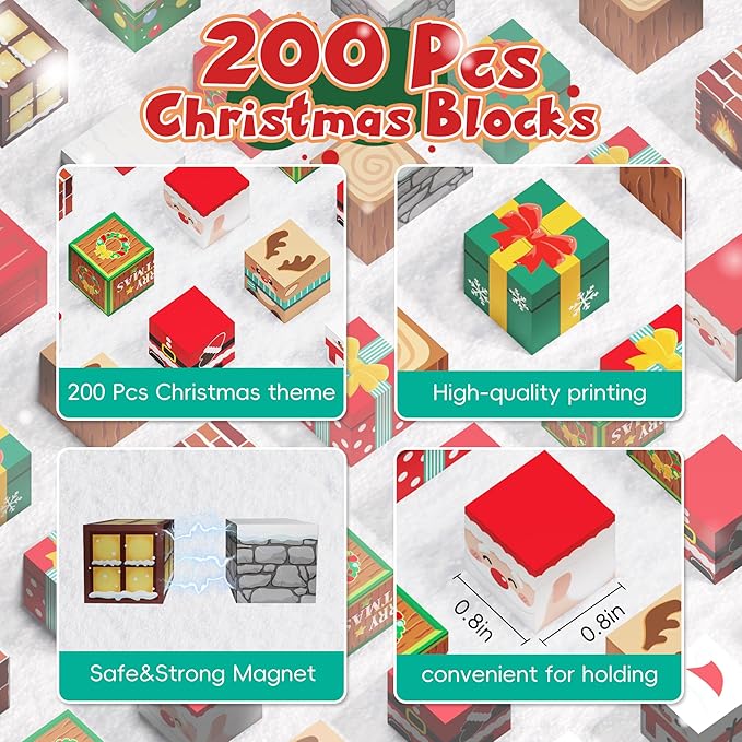 Magnetic Blocks, 200PCS Magnetic Building Block Cubes, STEM Montessori Sensory Toys for Kids Boys Girls Ages 3 4 5 6 7 8 9 10 (Christmas Version)