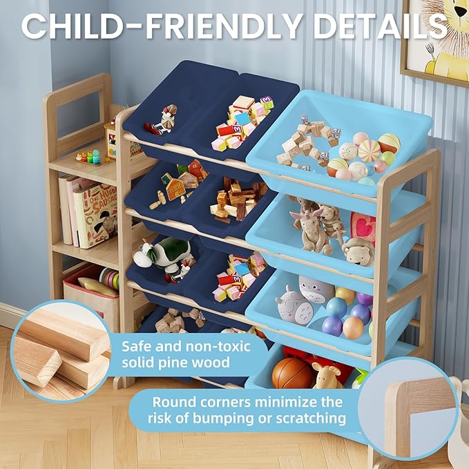 Toy Storage Organizer - Toy Organizers and Storage with Bookshelf, Toy Storage Shelf with 3 Shelves and 12 Storage Bins, Kids Bookshelf and Toy Storage for Kids Room, Playroom, Bedroom, Nursery, Blue